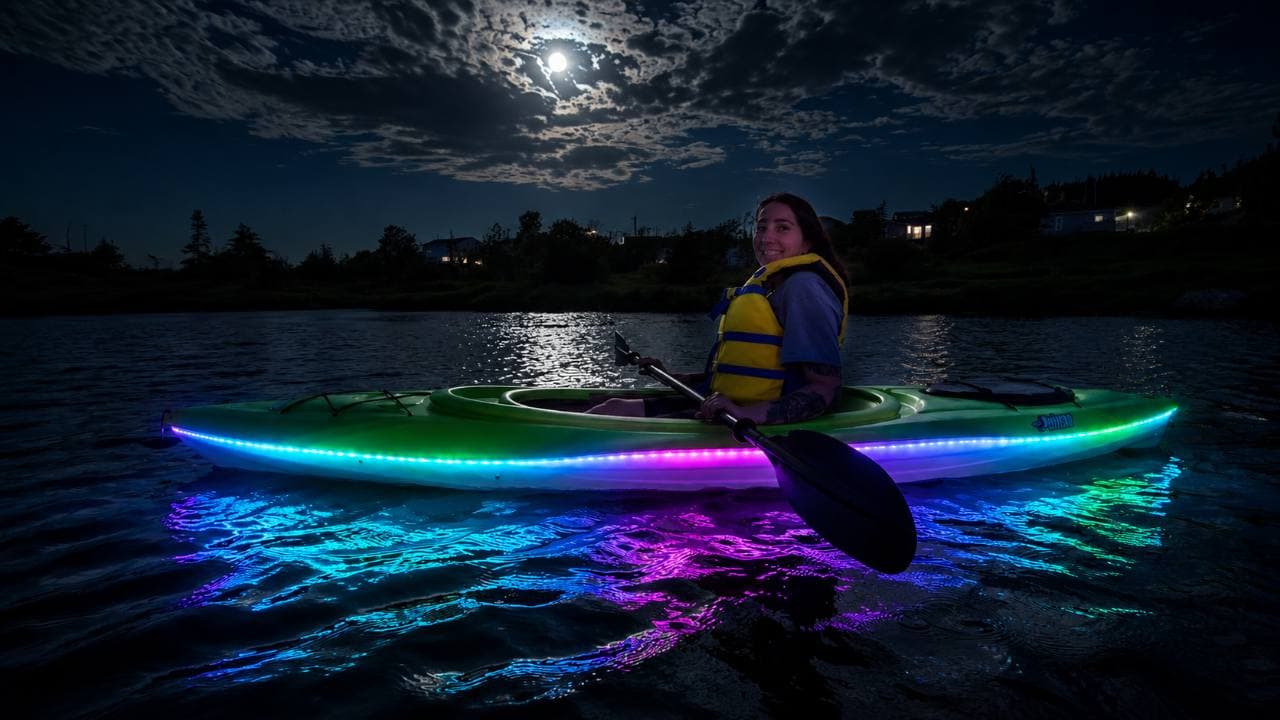 A Paradise Paddles kayak lit with RGB LED lights on Neil's Pond at night.