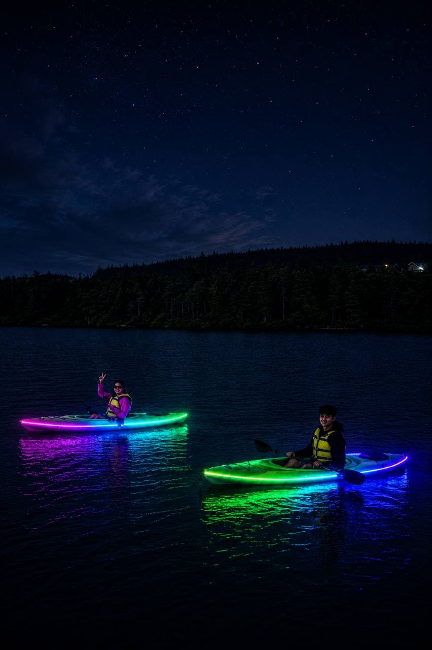 Two guests paddling RGB LED illuminated kayaks under a starry night sky.
