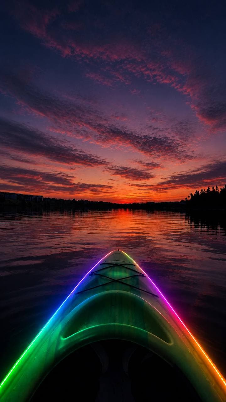 An RGB LED illuminated kayak bow pointing toward a vivid sunset over Neil's Pond.