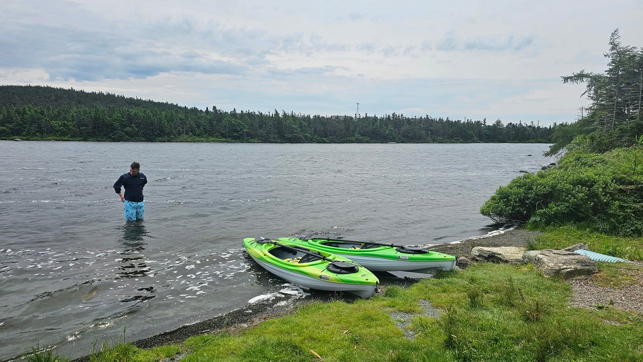 Two green Paradise Paddles kayaks resting at the edge of Neil's Pond.