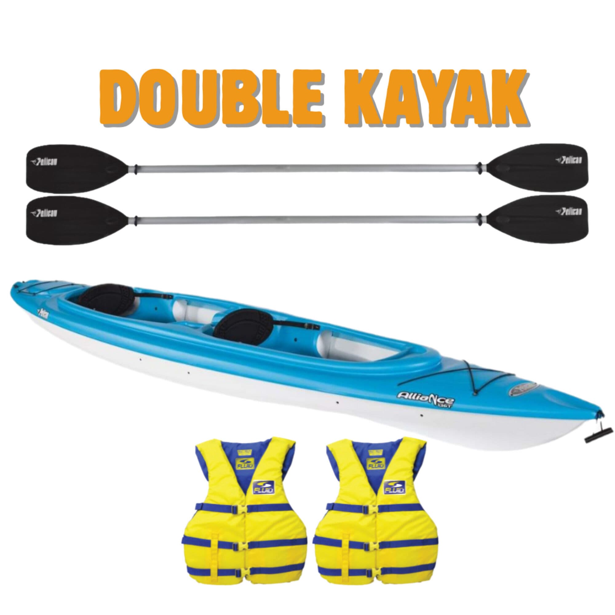 Double Kayak rental gear. Pairs, parent-and-youth rides, and easy conversation pace.