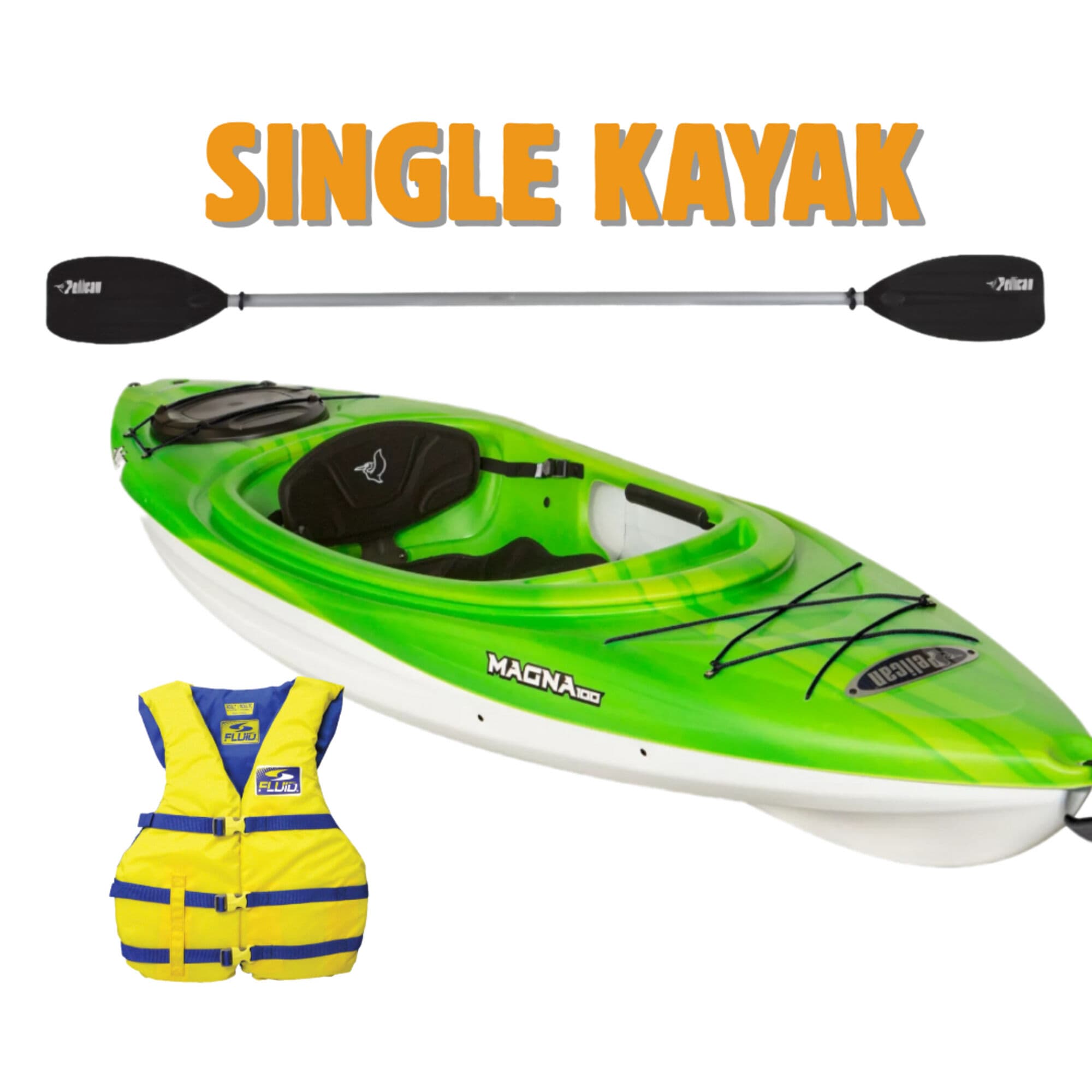 Single Kayak rental gear. Solo paddlers, calm loops, and first-time renters.
